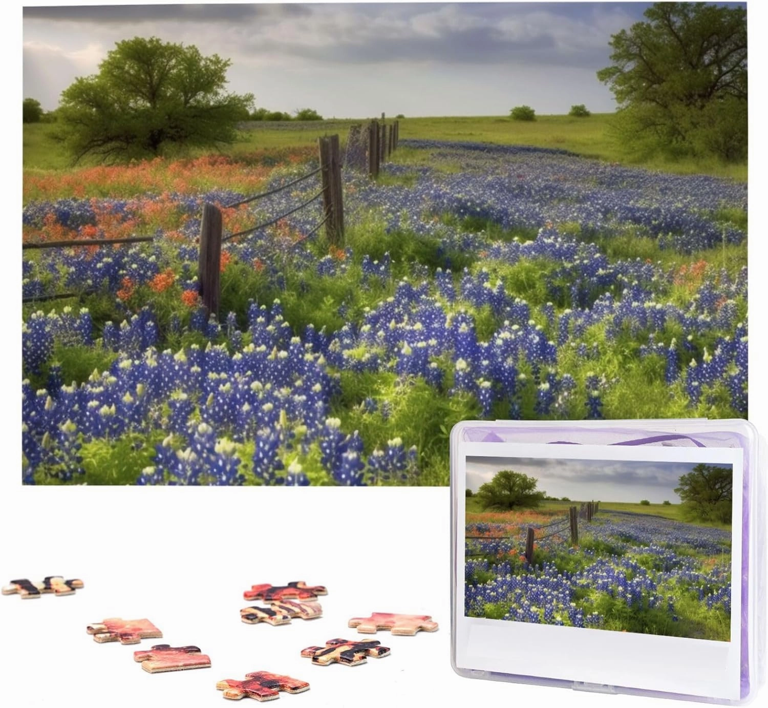 Texas Bluebonnets Scenery Puzzles 1000 Pieces Personalized Jigsaw Puzzles for Adults Personalized Picture with Storage Bag Puzzle Wooden Photos Puzzle for Family Home Decor (29.5" x 19.7")