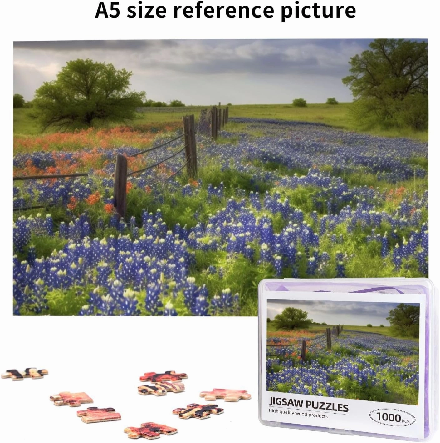 Texas Bluebonnets Scenery Puzzles 1000 Pieces Personalized Jigsaw Puzzles for Adults Personalized Picture with Storage Bag Puzzle Wooden Photos Puzzle for Family Home Decor (29.5" x 19.7")