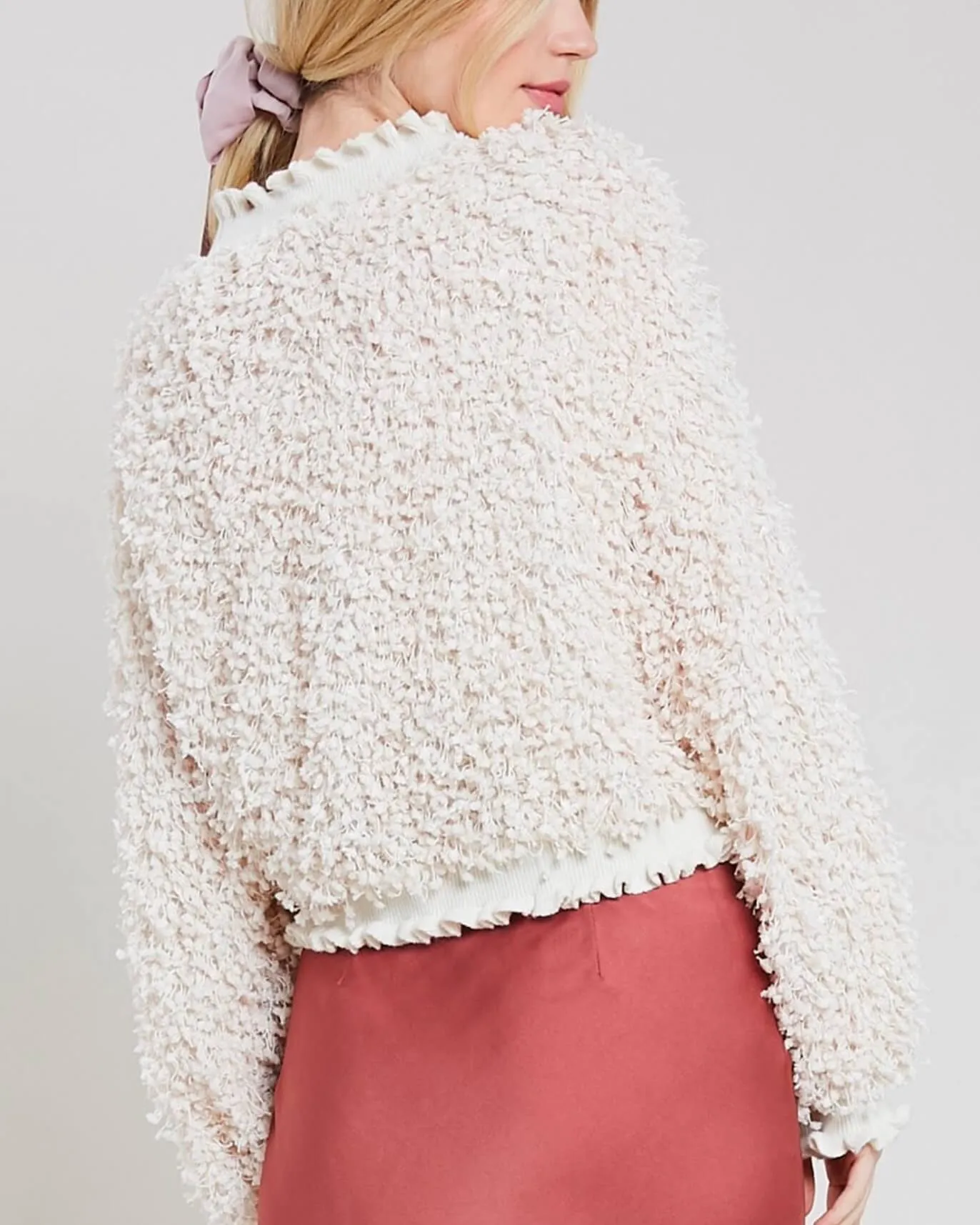 Textured Mock Neck Pullover With Ruffle Hem in Natural