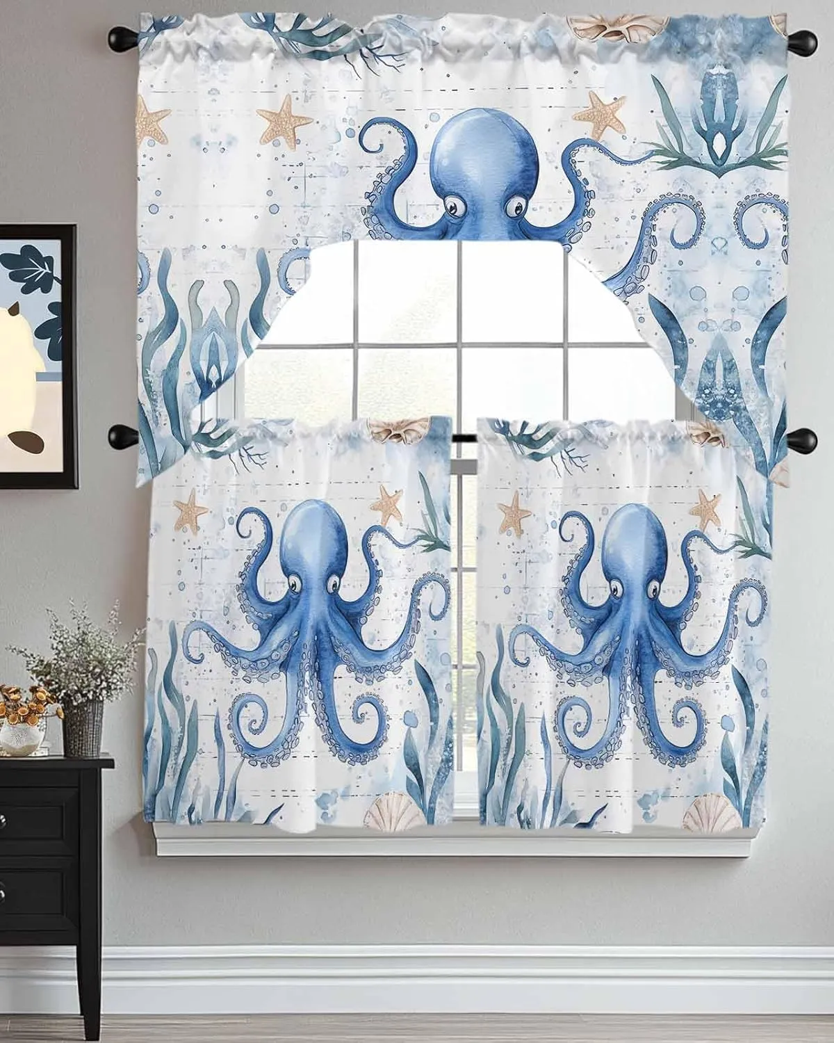 Tier and Swag Window Curtain Set, Blue Octopus Ocean Starfish Kitchen Valance Tier Curtains 3 Pieces Set, Sea Monster Ocean Seaweed Rod Pocket Valances Window Treatment for Living Room Bedroom