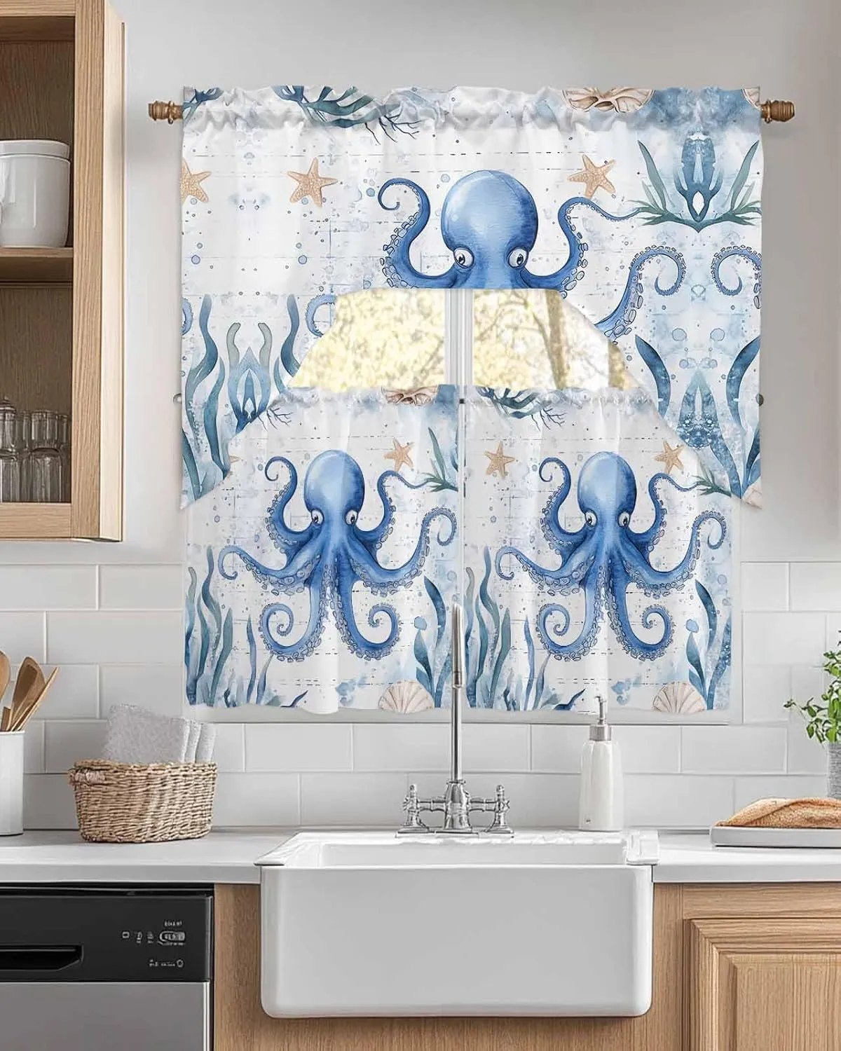 Tier and Swag Window Curtain Set, Blue Octopus Ocean Starfish Kitchen Valance Tier Curtains 3 Pieces Set, Sea Monster Ocean Seaweed Rod Pocket Valances Window Treatment for Living Room Bedroom