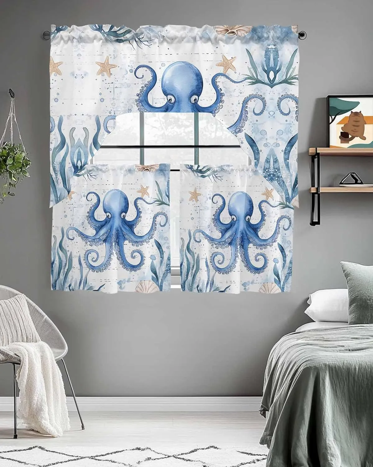 Tier and Swag Window Curtain Set, Blue Octopus Ocean Starfish Kitchen Valance Tier Curtains 3 Pieces Set, Sea Monster Ocean Seaweed Rod Pocket Valances Window Treatment for Living Room Bedroom