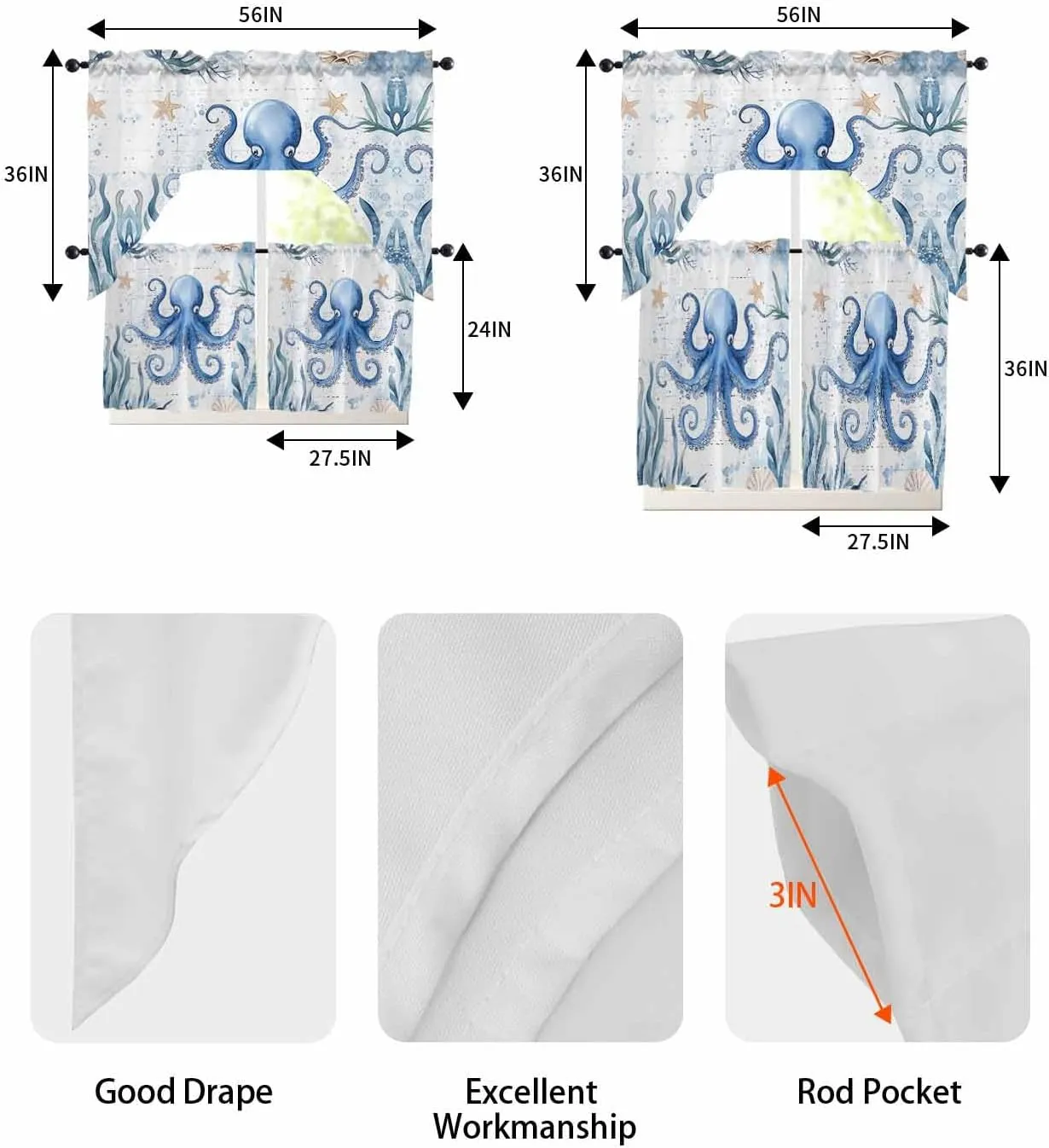 Tier and Swag Window Curtain Set, Blue Octopus Ocean Starfish Kitchen Valance Tier Curtains 3 Pieces Set, Sea Monster Ocean Seaweed Rod Pocket Valances Window Treatment for Living Room Bedroom