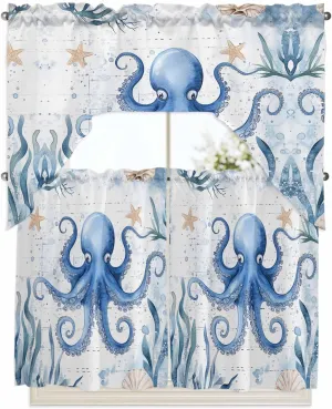 Tier and Swag Window Curtain Set, Blue Octopus Ocean Starfish Kitchen Valance Tier Curtains 3 Pieces Set, Sea Monster Ocean Seaweed Rod Pocket Valances Window Treatment for Living Room Bedroom