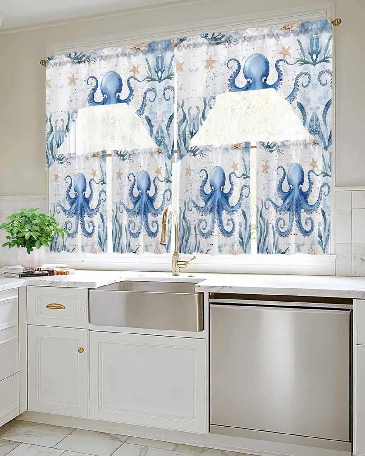 Tier and Swag Window Curtain Set, Blue Octopus Ocean Starfish Kitchen Valance Tier Curtains 3 Pieces Set, Sea Monster Ocean Seaweed Rod Pocket Valances Window Treatment for Living Room Bedroom