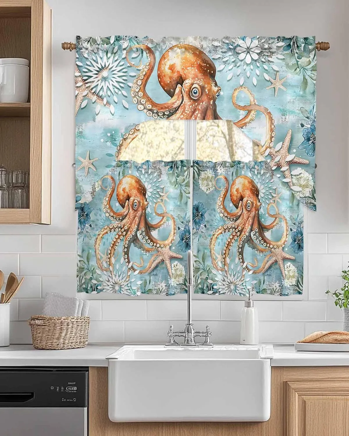 Tier and Swag Window Curtain Set, Ocean Octopus Monster Starfish Kitchen Valance Tier Curtains 3 Pieces Set, Blue Underwater World Seaweed Rod Pocket Valances Window Treatment for Living Room Bedroom