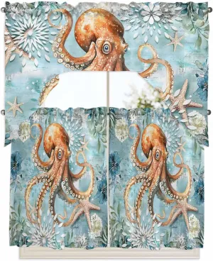 Tier and Swag Window Curtain Set, Ocean Octopus Monster Starfish Kitchen Valance Tier Curtains 3 Pieces Set, Blue Underwater World Seaweed Rod Pocket Valances Window Treatment for Living Room Bedroom