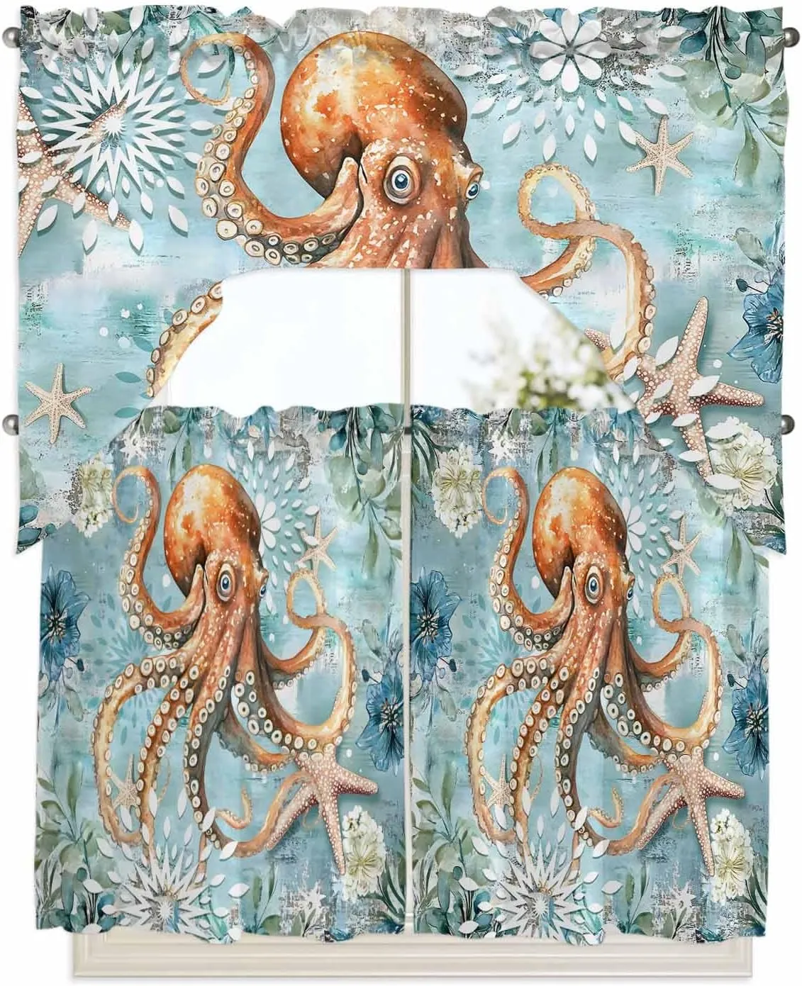 Tier and Swag Window Curtain Set, Ocean Octopus Monster Starfish Kitchen Valance Tier Curtains 3 Pieces Set, Blue Underwater World Seaweed Rod Pocket Valances Window Treatment for Living Room Bedroom