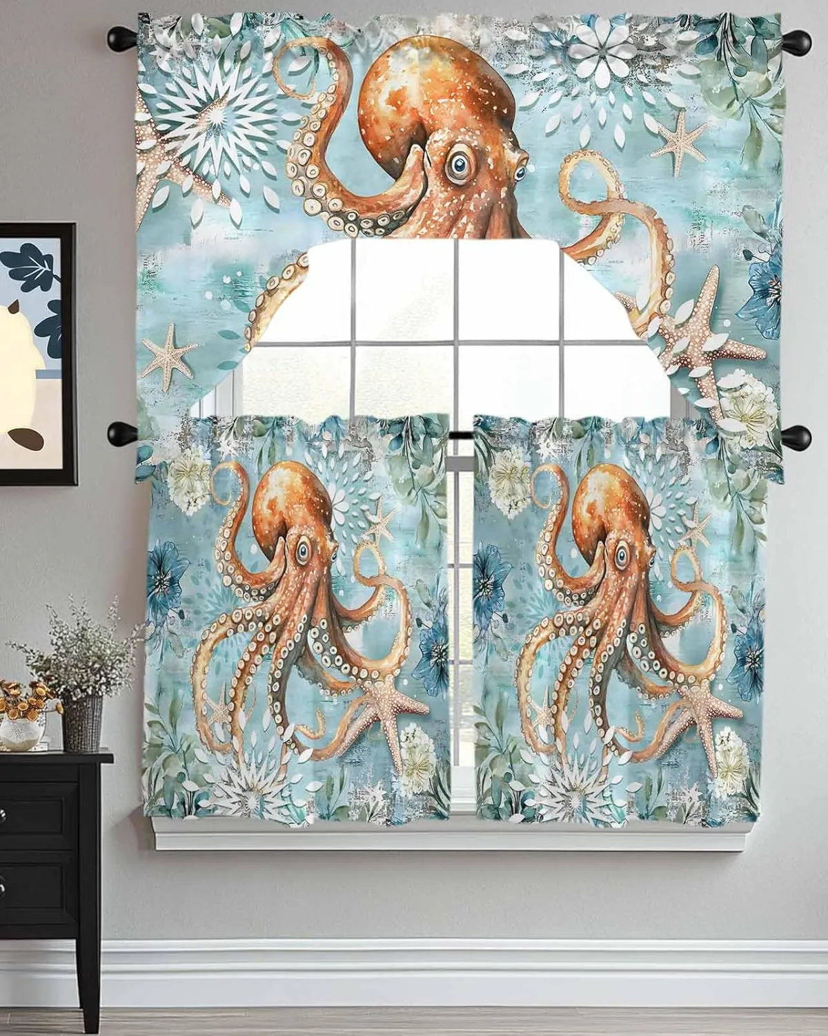 Tier and Swag Window Curtain Set, Ocean Octopus Monster Starfish Kitchen Valance Tier Curtains 3 Pieces Set, Blue Underwater World Seaweed Rod Pocket Valances Window Treatment for Living Room Bedroom