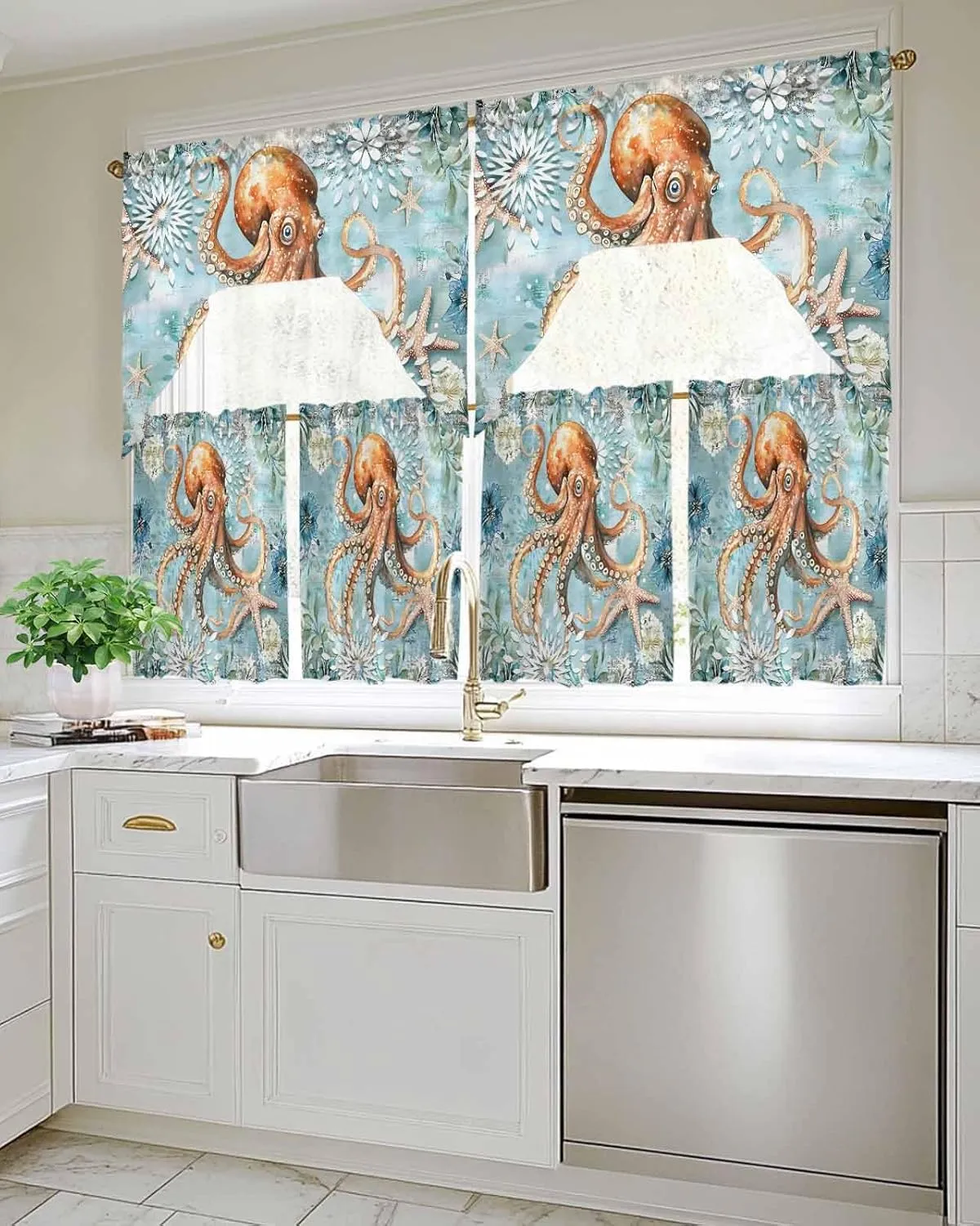 Tier and Swag Window Curtain Set, Ocean Octopus Monster Starfish Kitchen Valance Tier Curtains 3 Pieces Set, Blue Underwater World Seaweed Rod Pocket Valances Window Treatment for Living Room Bedroom