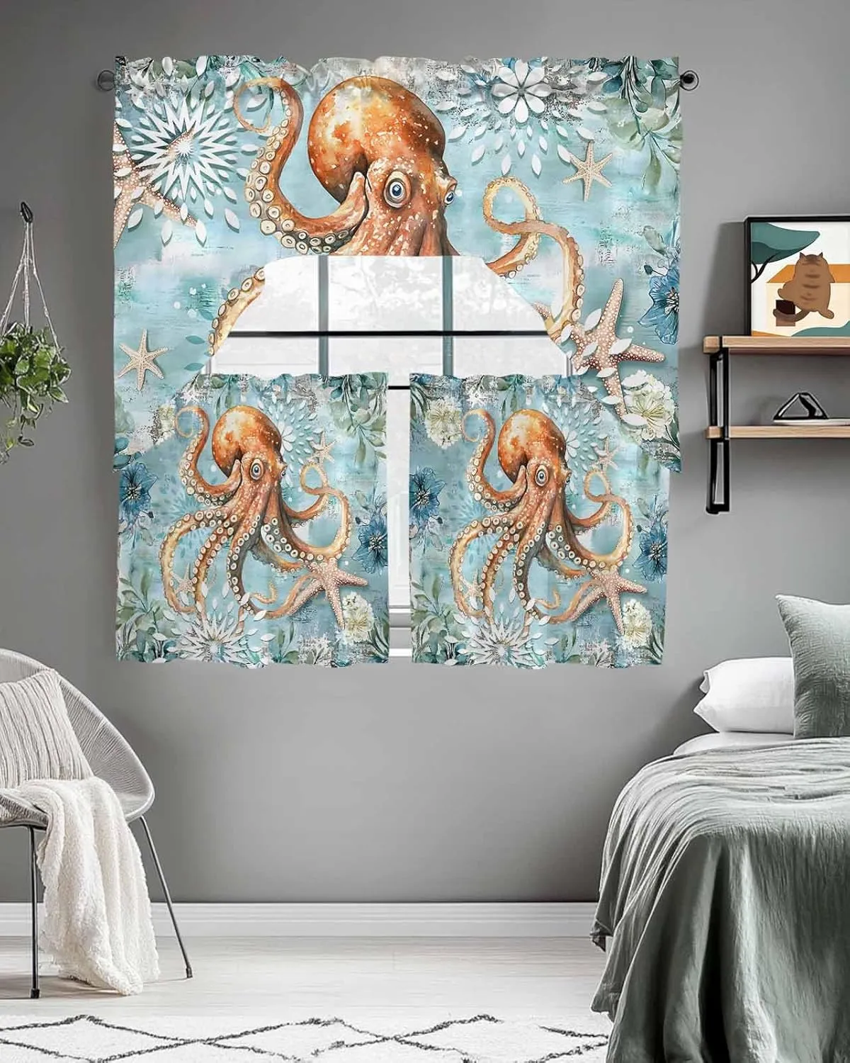 Tier and Swag Window Curtain Set, Ocean Octopus Monster Starfish Kitchen Valance Tier Curtains 3 Pieces Set, Blue Underwater World Seaweed Rod Pocket Valances Window Treatment for Living Room Bedroom