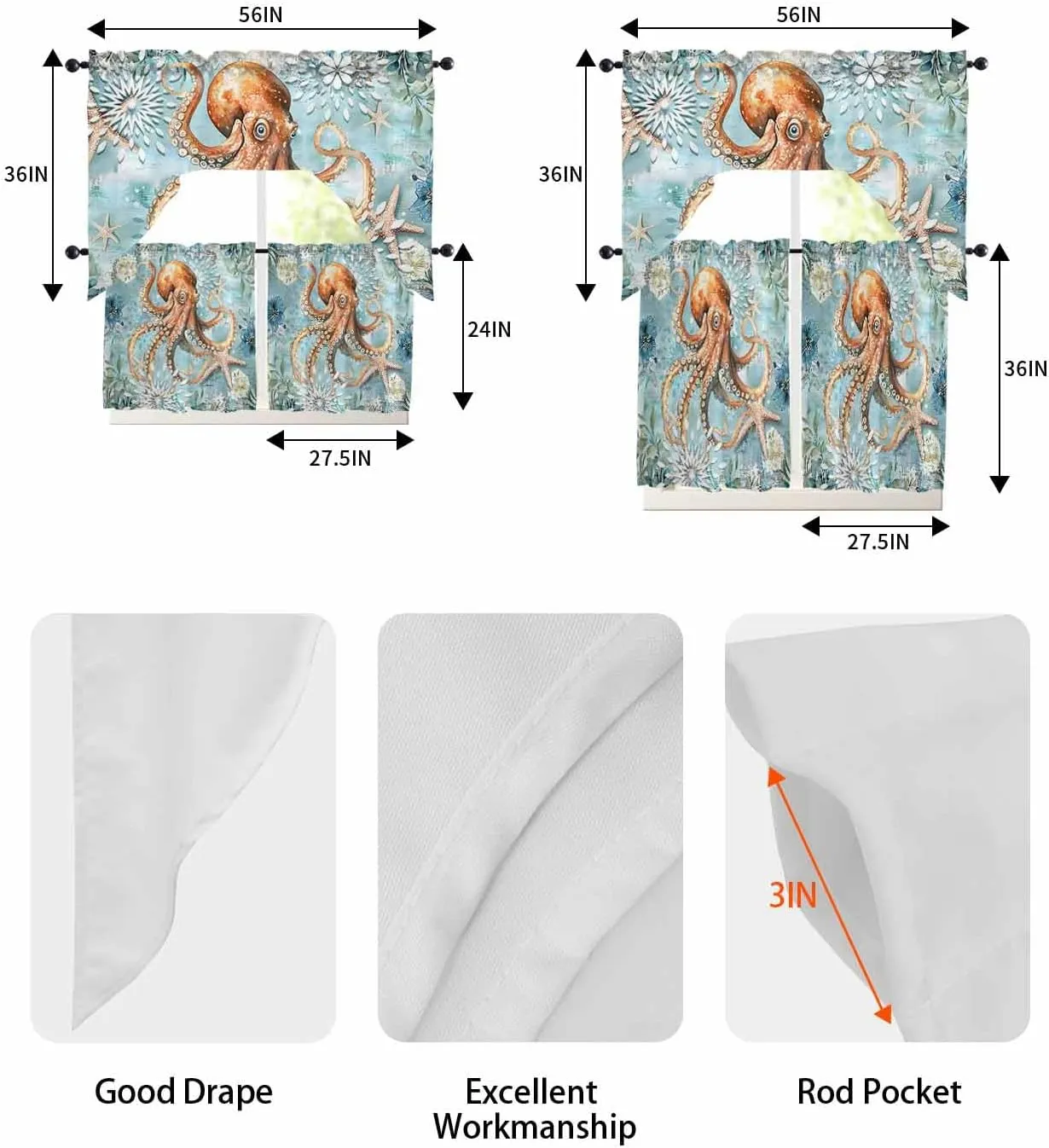 Tier and Swag Window Curtain Set, Ocean Octopus Monster Starfish Kitchen Valance Tier Curtains 3 Pieces Set, Blue Underwater World Seaweed Rod Pocket Valances Window Treatment for Living Room Bedroom