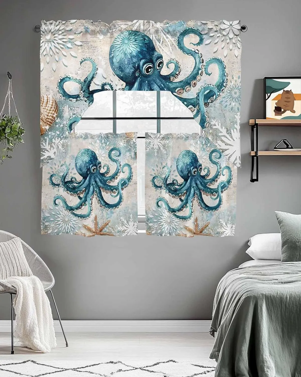 Tier and Swag Window Curtain Set, Sea Octopus Monster Starfish Shell Kitchen Valance Tier Curtains 3 Pieces Set, Blue Gradient Abstract Flower Rod Pocket Valances Window Treatment for Living Room