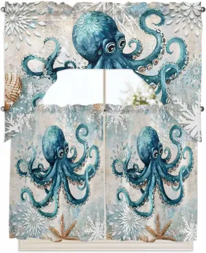 Tier and Swag Window Curtain Set, Sea Octopus Monster Starfish Shell Kitchen Valance Tier Curtains 3 Pieces Set, Blue Gradient Abstract Flower Rod Pocket Valances Window Treatment for Living Room