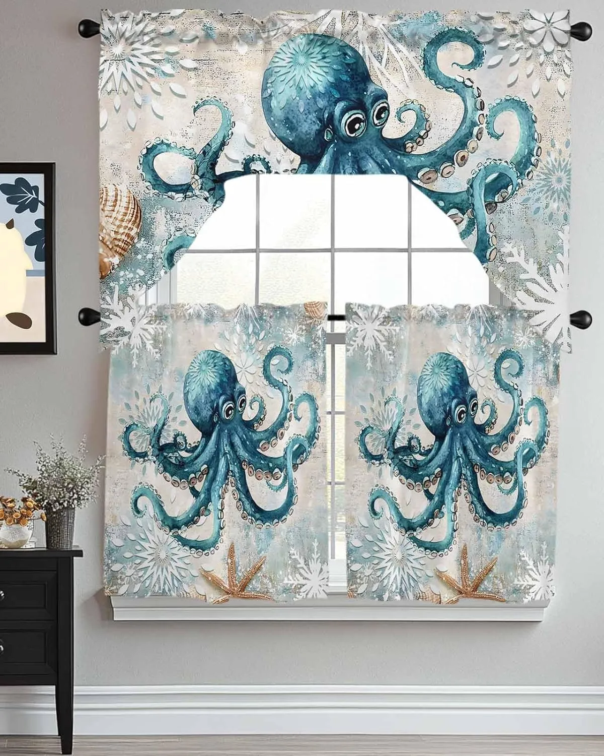 Tier and Swag Window Curtain Set, Sea Octopus Monster Starfish Shell Kitchen Valance Tier Curtains 3 Pieces Set, Blue Gradient Abstract Flower Rod Pocket Valances Window Treatment for Living Room