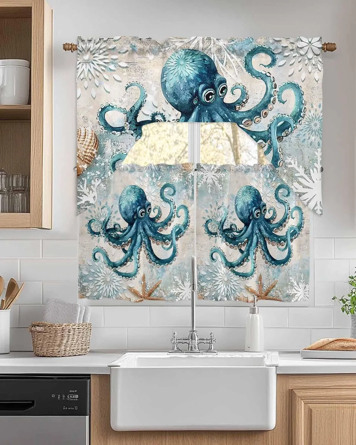 Tier and Swag Window Curtain Set, Sea Octopus Monster Starfish Shell Kitchen Valance Tier Curtains 3 Pieces Set, Blue Gradient Abstract Flower Rod Pocket Valances Window Treatment for Living Room