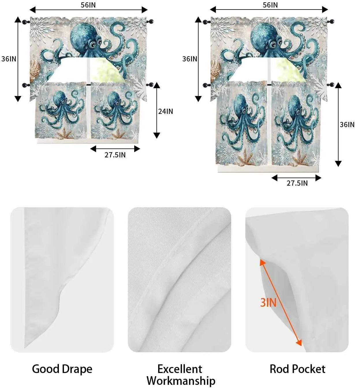 Tier and Swag Window Curtain Set, Sea Octopus Monster Starfish Shell Kitchen Valance Tier Curtains 3 Pieces Set, Blue Gradient Abstract Flower Rod Pocket Valances Window Treatment for Living Room