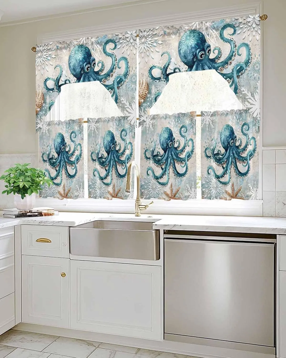 Tier and Swag Window Curtain Set, Sea Octopus Monster Starfish Shell Kitchen Valance Tier Curtains 3 Pieces Set, Blue Gradient Abstract Flower Rod Pocket Valances Window Treatment for Living Room