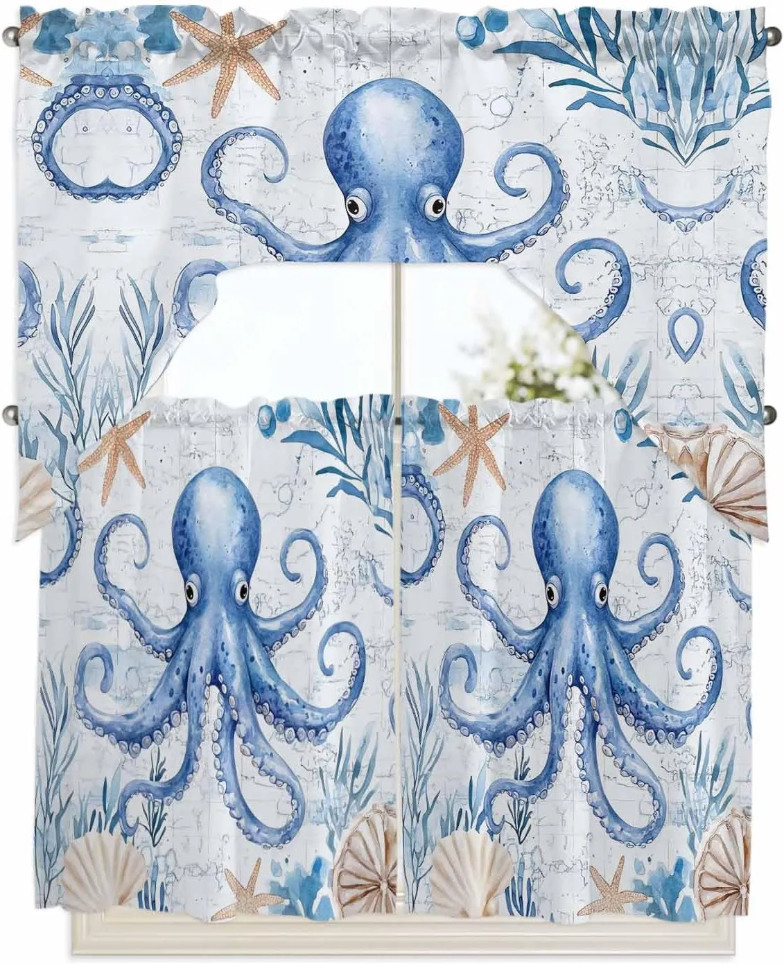 Tier and Swag Window Curtain Set, Sea Octopus Starfish Shell Kitchen Valance Tier Curtains 3 Pieces Set, Ocean Monster Blue Coral Rod Pocket Valances Window Treatment for Living Room Bedroom