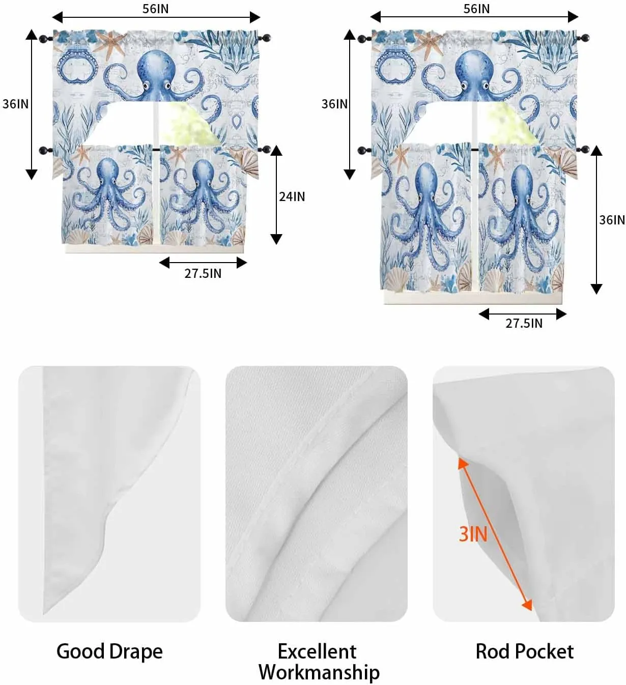 Tier and Swag Window Curtain Set, Sea Octopus Starfish Shell Kitchen Valance Tier Curtains 3 Pieces Set, Ocean Monster Blue Coral Rod Pocket Valances Window Treatment for Living Room Bedroom