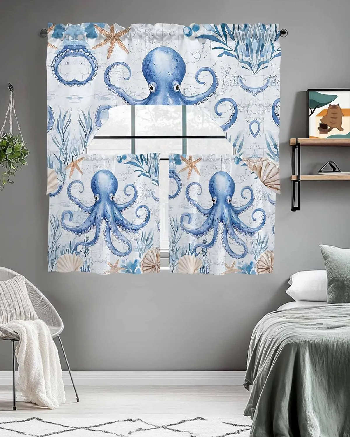 Tier and Swag Window Curtain Set, Sea Octopus Starfish Shell Kitchen Valance Tier Curtains 3 Pieces Set, Ocean Monster Blue Coral Rod Pocket Valances Window Treatment for Living Room Bedroom