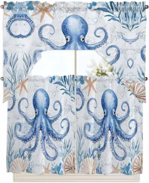 Tier and Swag Window Curtain Set, Sea Octopus Starfish Shell Kitchen Valance Tier Curtains 3 Pieces Set, Ocean Monster Blue Coral Rod Pocket Valances Window Treatment for Living Room Bedroom