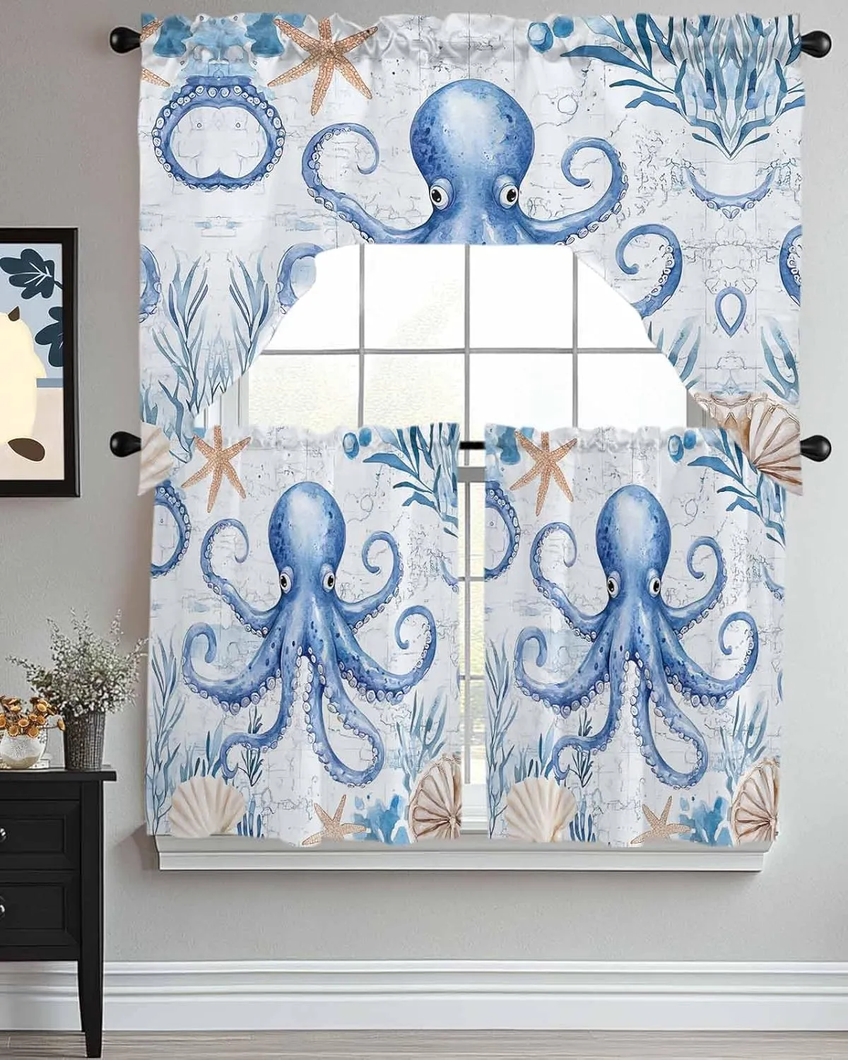 Tier and Swag Window Curtain Set, Sea Octopus Starfish Shell Kitchen Valance Tier Curtains 3 Pieces Set, Ocean Monster Blue Coral Rod Pocket Valances Window Treatment for Living Room Bedroom