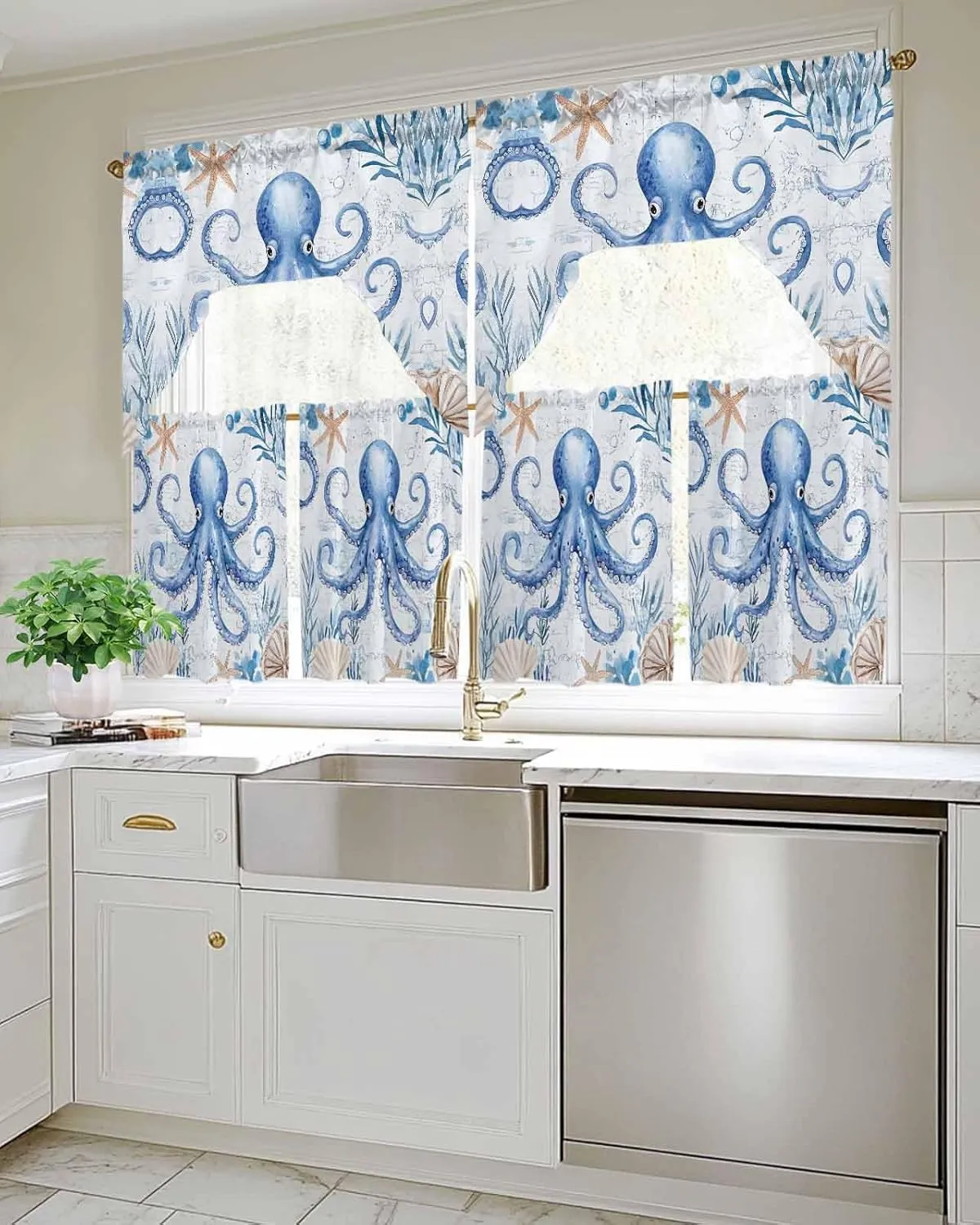 Tier and Swag Window Curtain Set, Sea Octopus Starfish Shell Kitchen Valance Tier Curtains 3 Pieces Set, Ocean Monster Blue Coral Rod Pocket Valances Window Treatment for Living Room Bedroom