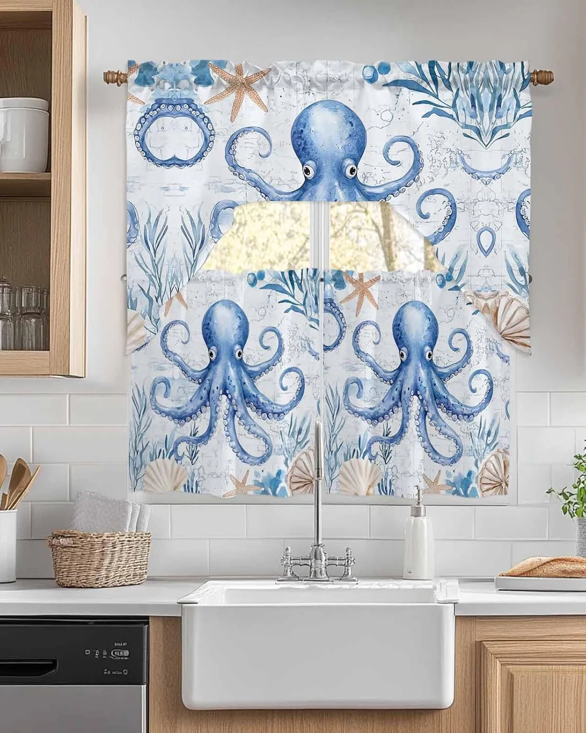 Tier and Swag Window Curtain Set, Sea Octopus Starfish Shell Kitchen Valance Tier Curtains 3 Pieces Set, Ocean Monster Blue Coral Rod Pocket Valances Window Treatment for Living Room Bedroom
