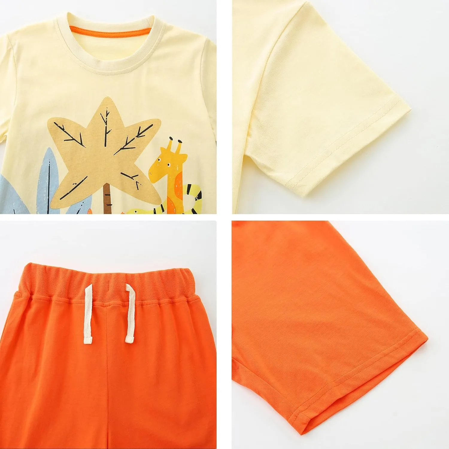 Toddler Boys Summer Outfits Dinosaur & Car Print Pure Cotton 4-Piece Outfit Short Sleeves Tees and Shorts 2-6Y