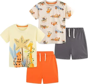 Toddler Boys Summer Outfits Dinosaur & Car Print Pure Cotton 4-Piece Outfit Short Sleeves Tees and Shorts 2-6Y