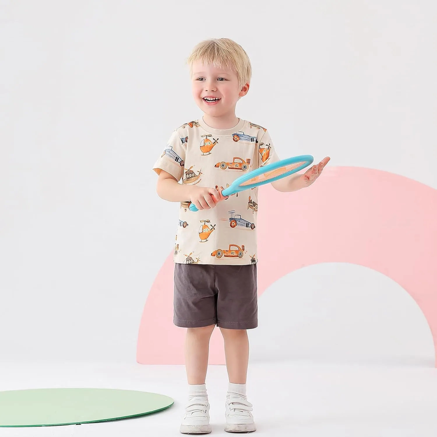 Toddler Boys Summer Outfits Dinosaur & Car Print Pure Cotton 4-Piece Outfit Short Sleeves Tees and Shorts 2-6Y