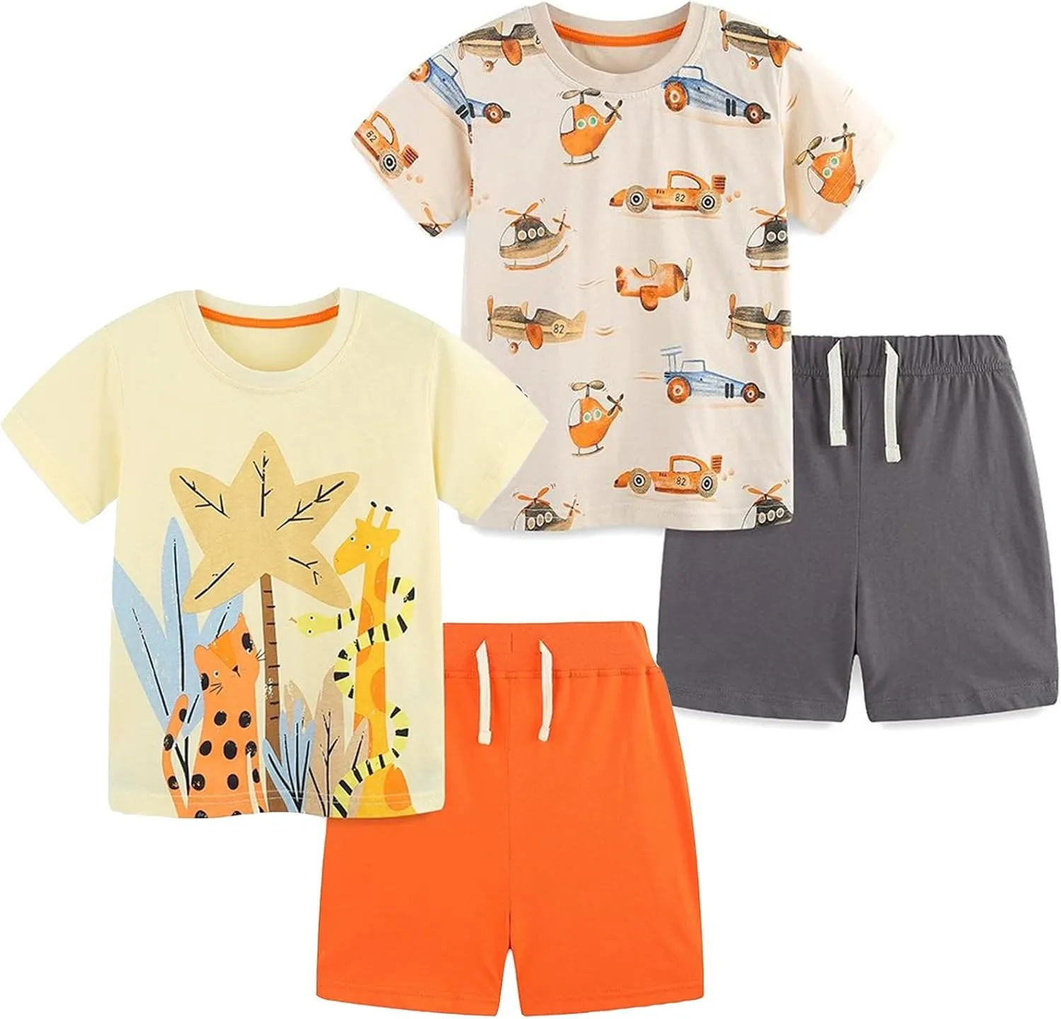 Toddler Boys Summer Outfits Dinosaur & Car Print Pure Cotton 4-Piece Outfit Short Sleeves Tees and Shorts 2-6Y