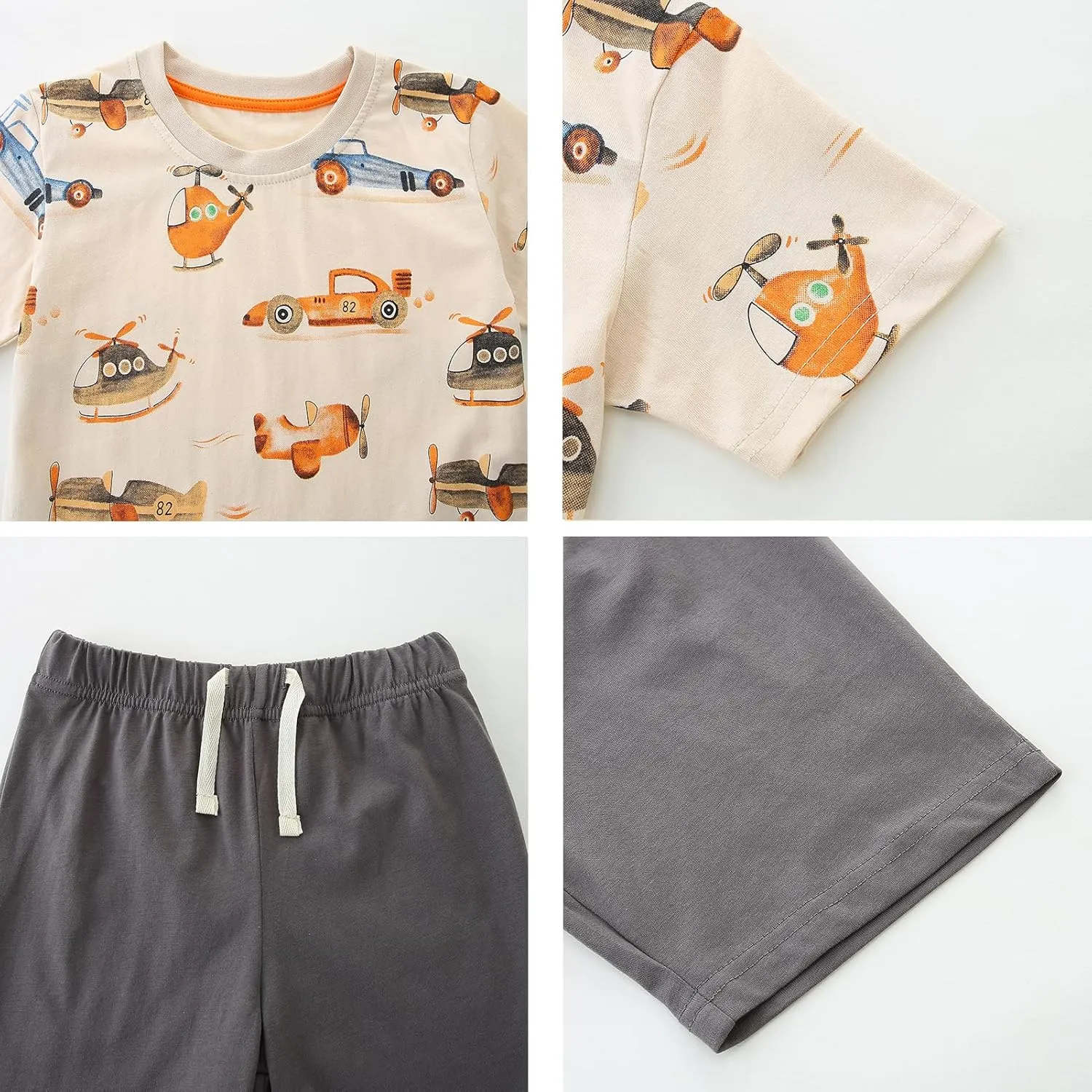 Toddler Boys Summer Outfits Dinosaur & Car Print Pure Cotton 4-Piece Outfit Short Sleeves Tees and Shorts 2-6Y