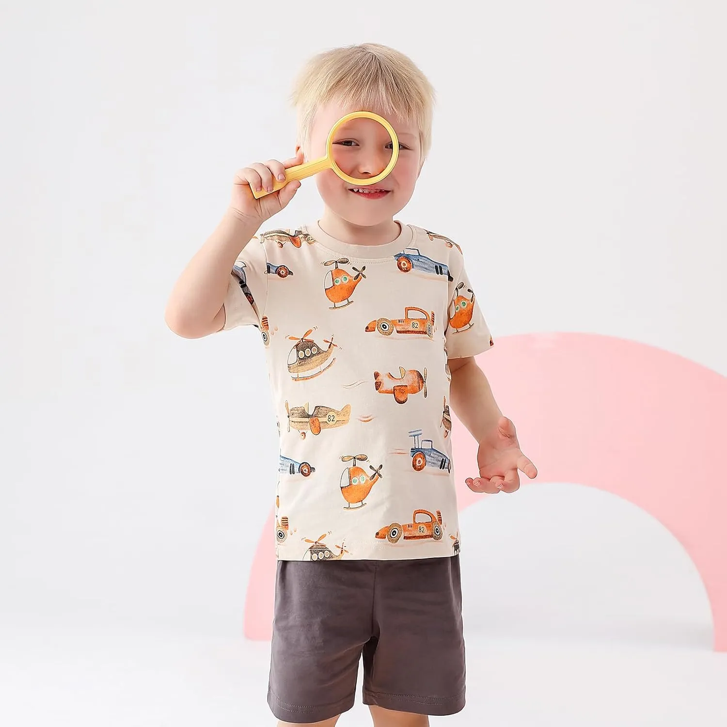 Toddler Boys Summer Outfits Dinosaur & Car Print Pure Cotton 4-Piece Outfit Short Sleeves Tees and Shorts 2-6Y