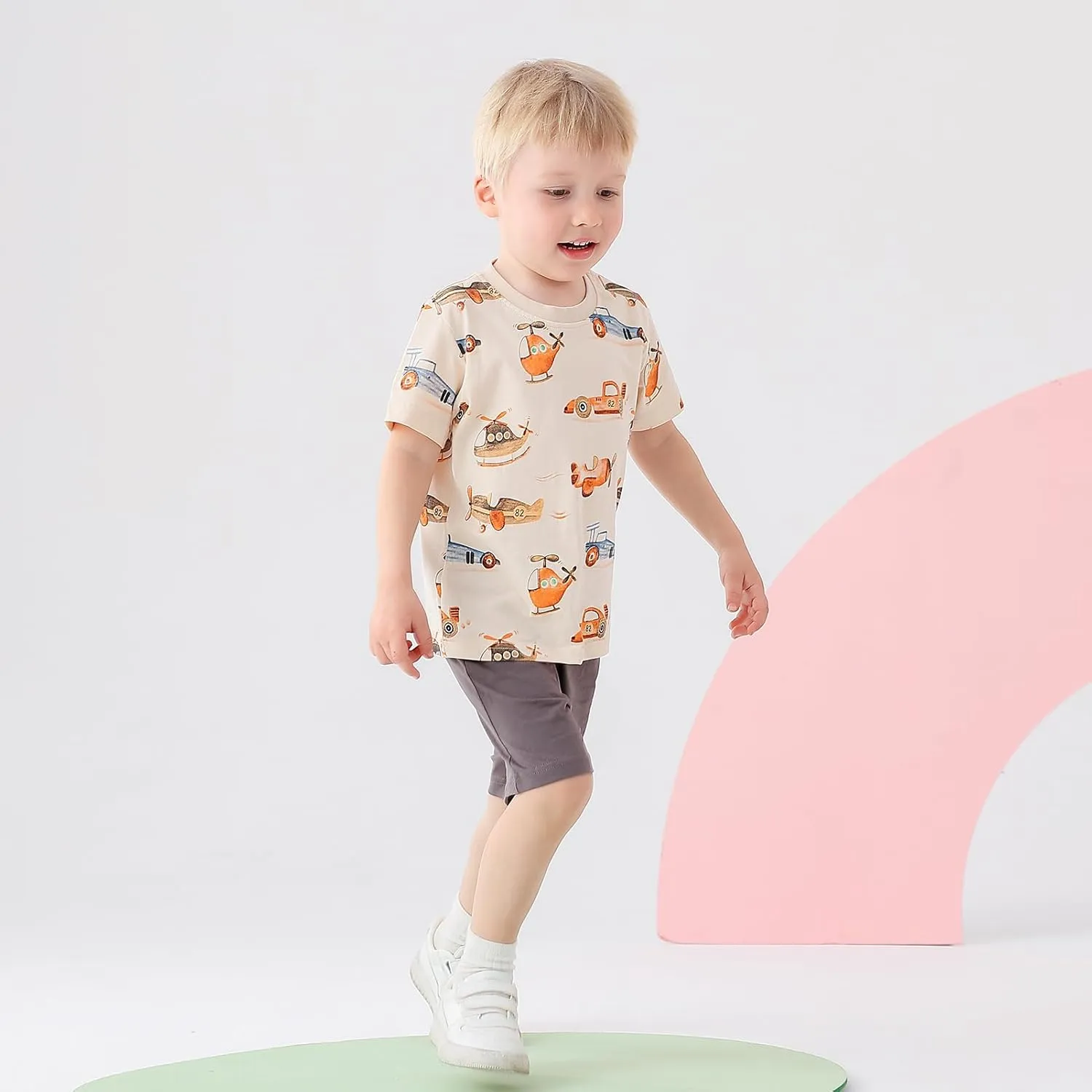 Toddler Boys Summer Outfits Dinosaur & Car Print Pure Cotton 4-Piece Outfit Short Sleeves Tees and Shorts 2-6Y