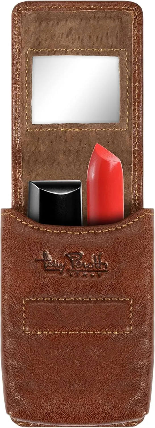 Tony Perotti Womens Italian Bull Leather Top Flap Double Lipstick Case with Mirror