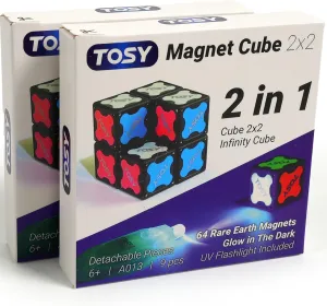 TOSY Magnet Cube 2x2 - 8 Blocks, 2 in 1 Toy: 2x2x2 Puzzle Cube and Customizable Infinity Cube, Glowing, UV Flashlight Accessory, Fidget/Sensory/STEAM Magnet Tiles Toy, 2-Pack