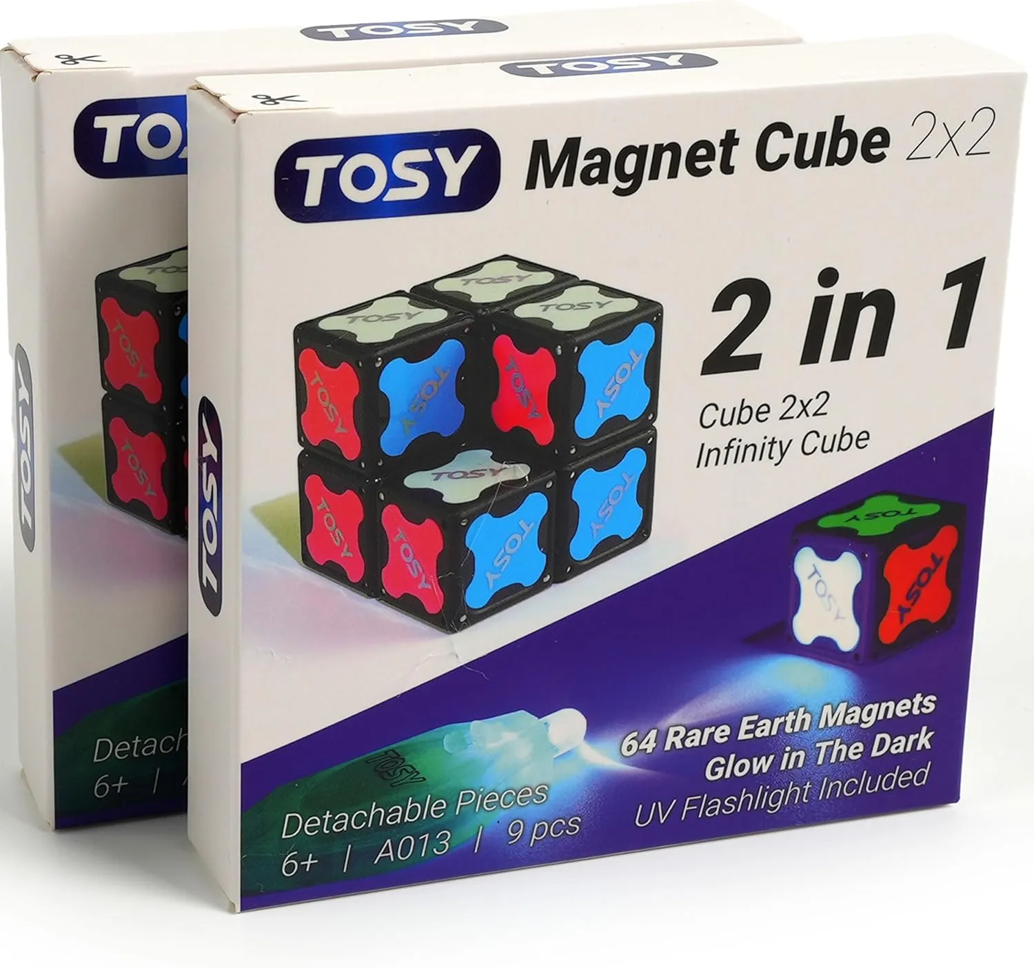 TOSY Magnet Cube 2x2 - 8 Blocks, 2 in 1 Toy: 2x2x2 Puzzle Cube and Customizable Infinity Cube, Glowing, UV Flashlight Accessory, Fidget/Sensory/STEAM Magnet Tiles Toy, 2-Pack