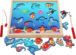 TOWO Wooden Fishing Game-Magnetic Fishing Puzzles with Numbers Jigsaw Puzzle- Sea Creatures Kids Educational Toys for 3 Years Old Math Toy