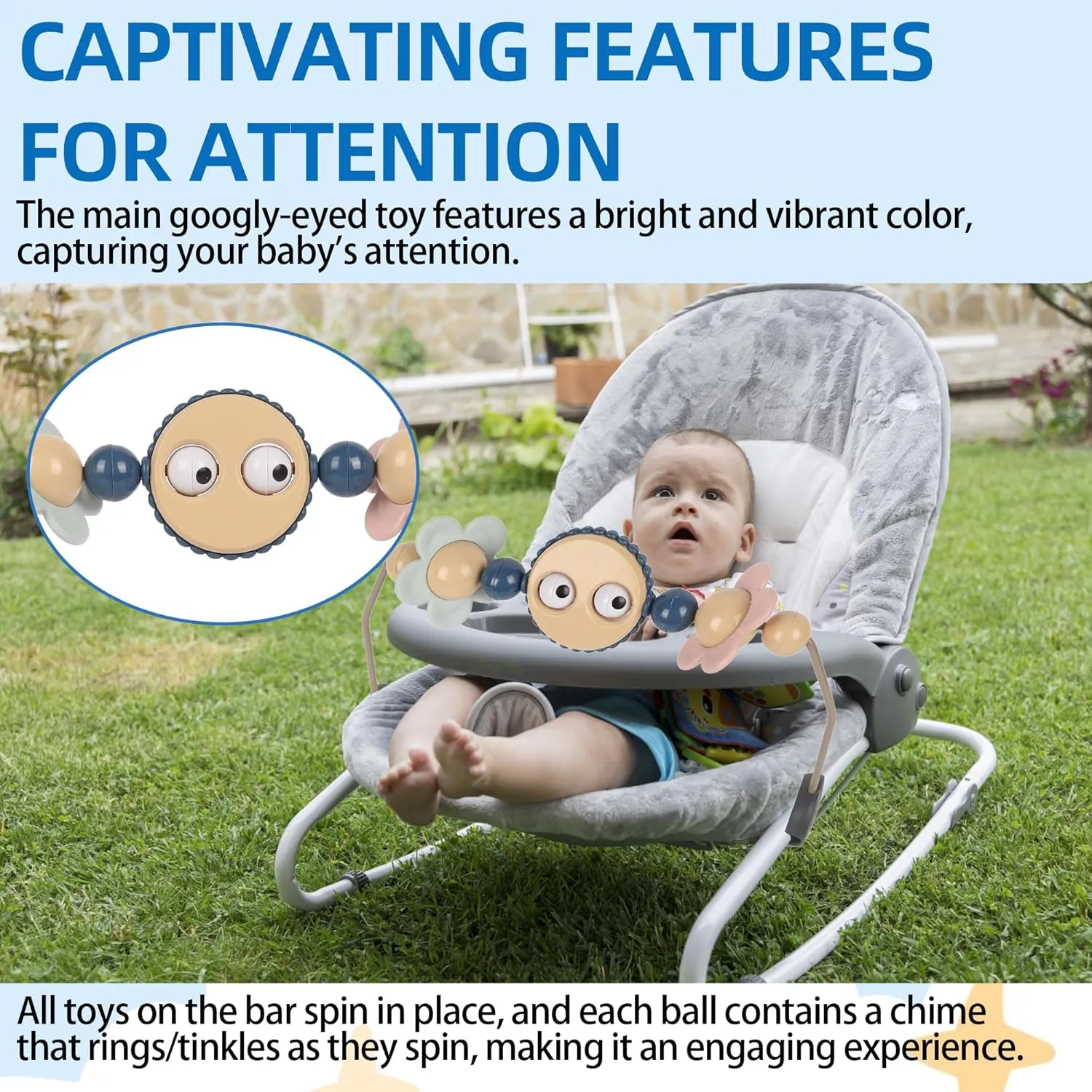 Toy Bar for Baby Bouncer Stroller Arch Googly Eyes Toy for Babies Car Seat, Babies Bouncer Accessory, Easy to Install & Baby-Safe Plastic - No Music & Short Handle