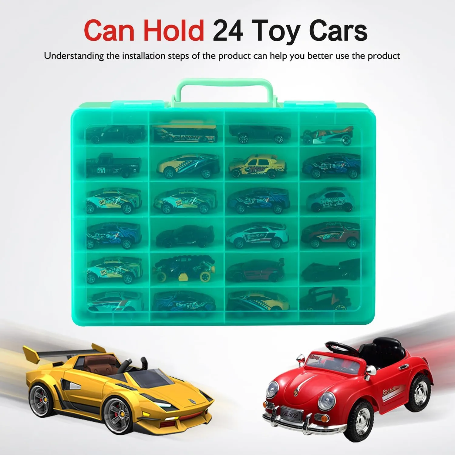 Toy Storage Organizer Case for Hot Wheels Car, for Matchbox Cars, for Mini Toys, for Small Dolls. Carrying Box Container Carrier with 24 Compartments (Box Only) (Green)