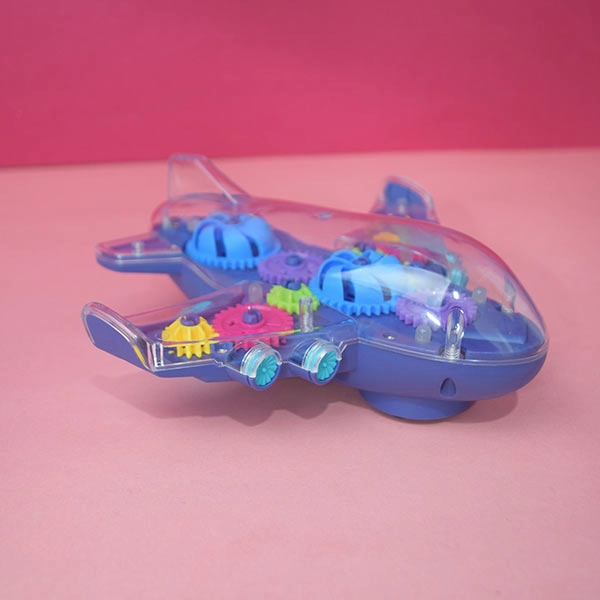 Transparent Airplane with Colorful Moving Gears, Music, and LED Effects.