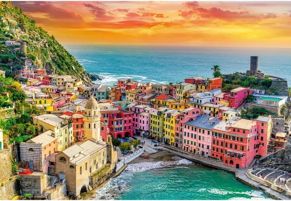 Trefl Romantic Sunset: Vernazza, Liguria, Italy 1500 Piece Jigsaw Puzzle Prime 33"x23" Thick Cardboard, Italy, Sunset, Creative Entertainment for Adults and Children from 12 Years Old