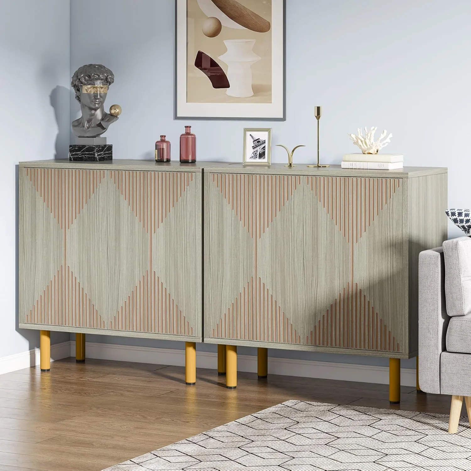 Tribesigns Modern Grey Storage Cabinet Set, Freestanding Floor Cabinet, Classic 59 inches Sideboard, Wood Buffet Cabinet with Doors, Large Storage Cabinet for Living Room, Dining Room, Garage