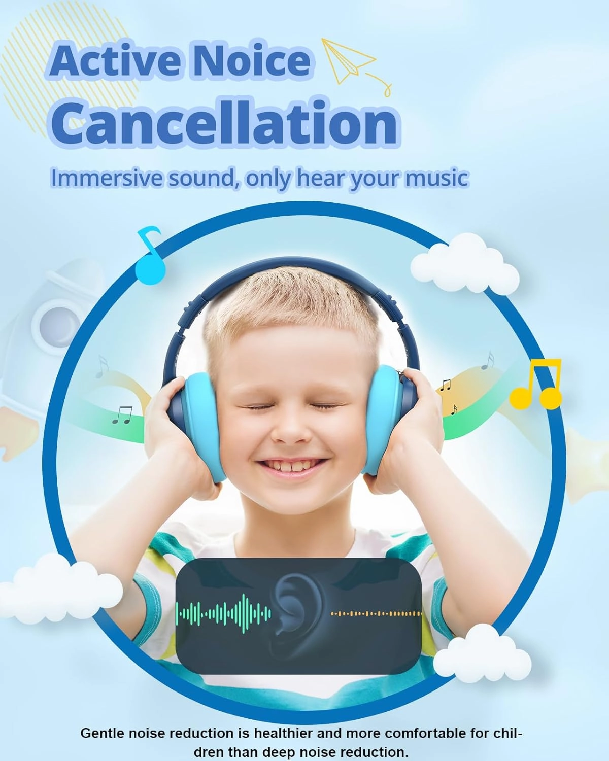 Tronsmart KH03 Kids Noise Cancelling Bluetooth Headphones, Safe Volume Control, Wireless Headphones with Light & Microphone, 70H Playtime, Built-in Audio Cable, for School/Travel/Airplane(Blue)