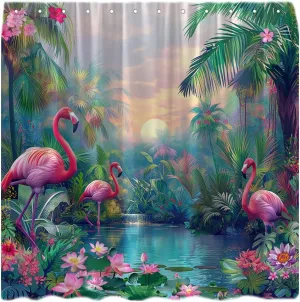 Tropical Rainforest Shower Curtain Pink Flamingo Green Plant Pink Flower Colorful Botanical Jungle Wildlife Nature Scenic Bathroom Decor Fabric Curtain with Hooks
