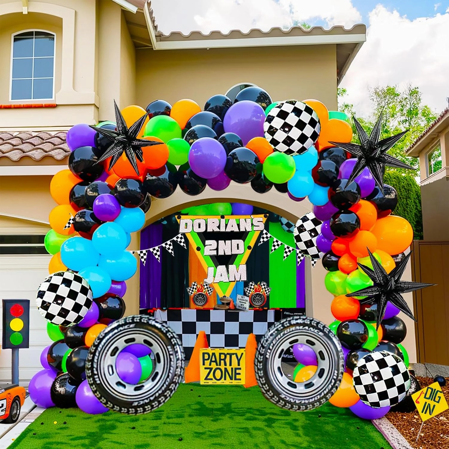 Truck Theme Balloon Garland Arch Kit vibrant Green Black with Big Wheels checkered star mylar foil balloons For Kids fast one Boy Birthday Race Car construction theme Party Decorations (Purple orange)
