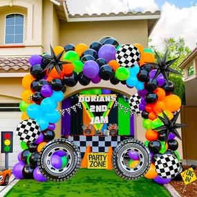 Truck Theme Balloon Garland Arch Kit vibrant Green Black with Big Wheels checkered star mylar foil balloons For Kids fast one Boy Birthday Race Car construction theme Party Decorations (Purple orange)