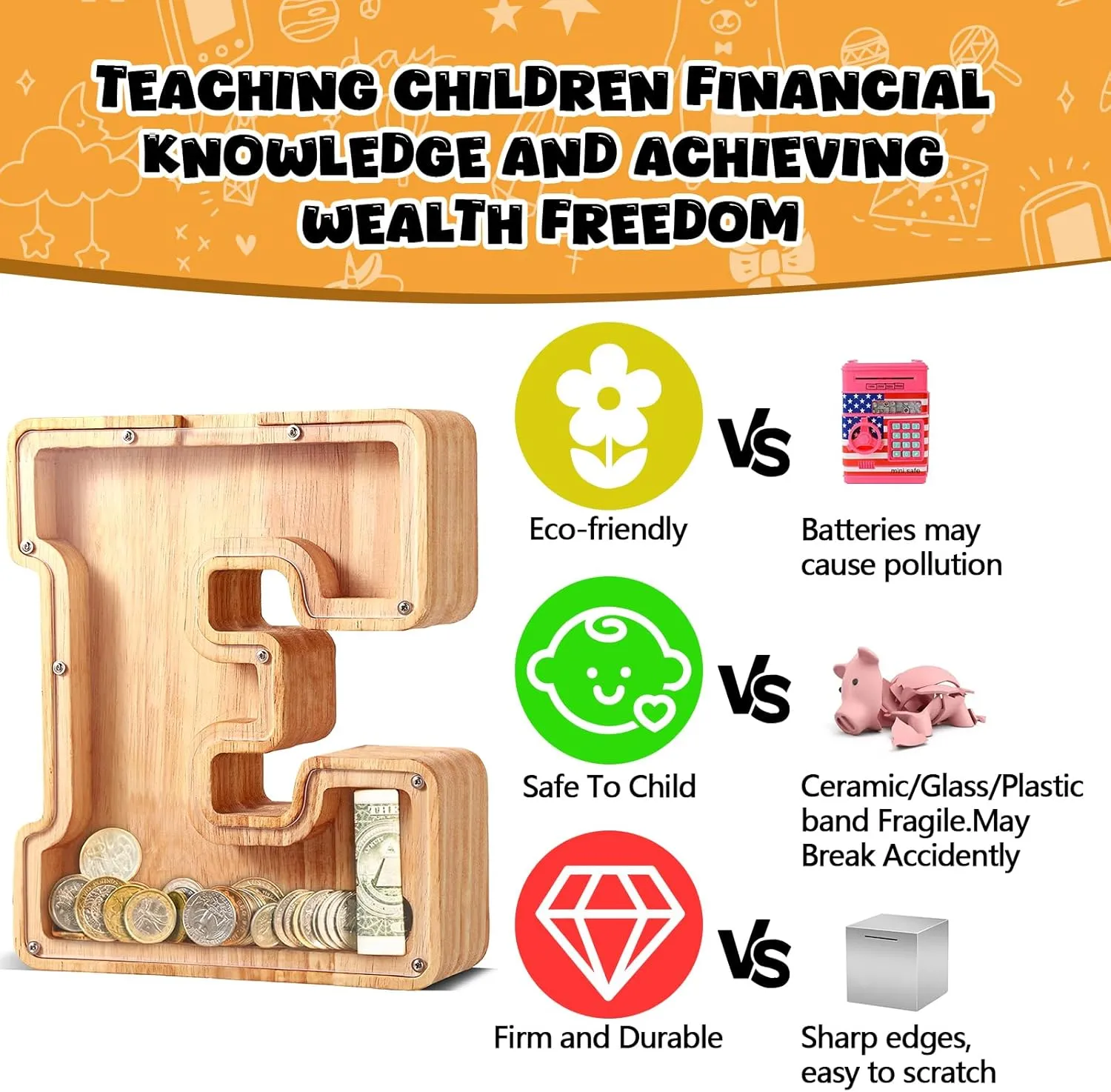 UBeesize Cute Money Box for Boys and Girls,Unbreakable Wood Coin Bank,Twenty-Six English Alphabet Letter Piggy Banks,Gifts for Birthday, Christmas, Festival, Baby Shower(M)